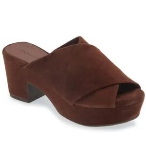Chocolate Blue Georgette Suede Platform Slide Sandals. Color Chocolate. Size 10